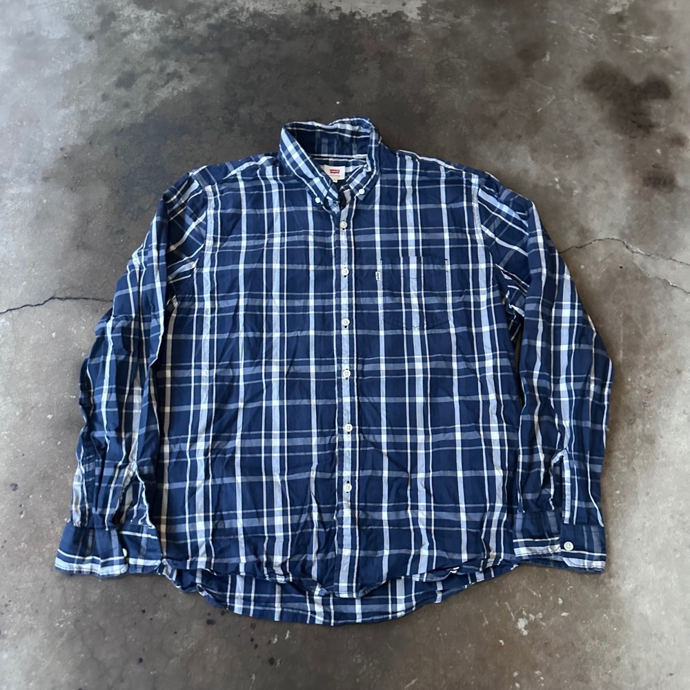 Levi's Button Down Shirt Mens XXL Blue Excellent Plaid Long Sleeve Pocket